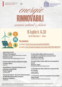 CIRCOLARE CNI n. 309/XX SESS./2025 – Evento “Energie rinnovabili: scenari attuali e futuri” – Roma, 16 luglio 2025